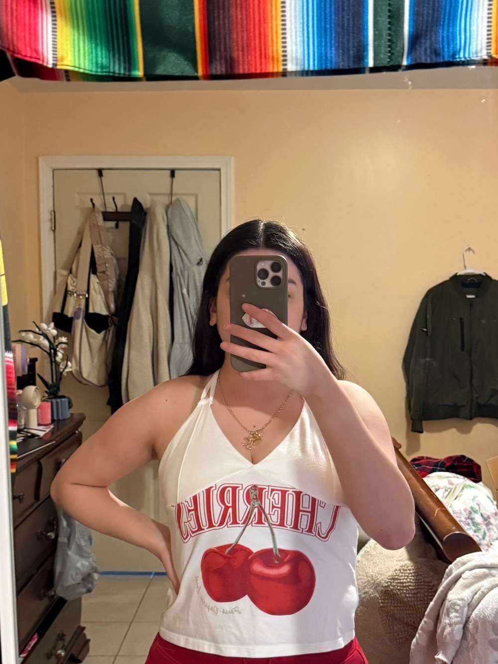 Cherry Graphic White Halter Crop Top
